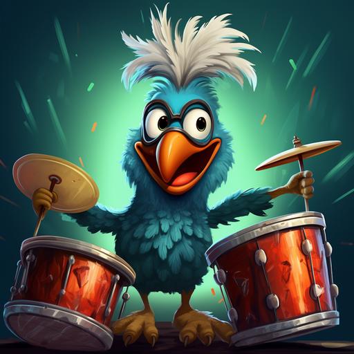 silly chicken with blue and green feathers playing drums, cartoon style