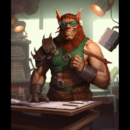 silly, fantasy, male, doing taxes, wearing a green visor, accountant, green goggles, confused, hopeless, tavern counter