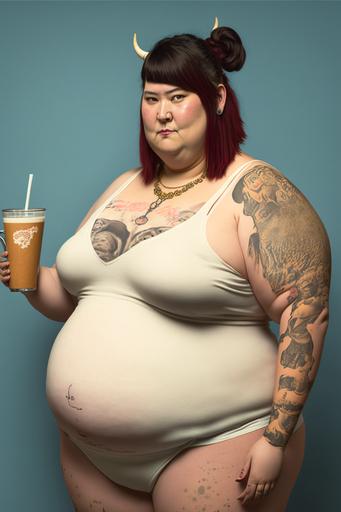 silly fat japanese woman with milk tea cow udders, white tattoos, full body, defined face, defined udders, cinematic, 50mm, well defined, well defines eyes, natural background, ultra definition, volume, depth, shadows, hyper realistic, lights, details, high quality, high definition, 8K, --ar 2:3 --v 4 --v 4