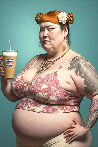 silly fat japanese woman with milk tea cow udders, white tattoos, full body, defined face, defined udders, cinematic, 50mm, well defined, well defines eyes, natural background, ultra definition, volume, depth, shadows, hyper realistic, lights, details, high quality, high definition, 8K, --ar 2:3 --v 4 --v 4