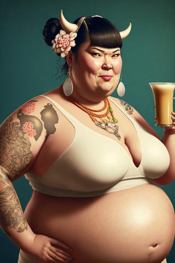 silly fat japanese woman with milk tea cow udders, white tattoos, full body, defined face, defined udders, cinematic, 50mm, well defined, well defines eyes, natural background, ultra definition, volume, depth, shadows, hyper realistic, lights, details, high quality, high definition, 8K, --ar 2:3 --v 4 --v 4