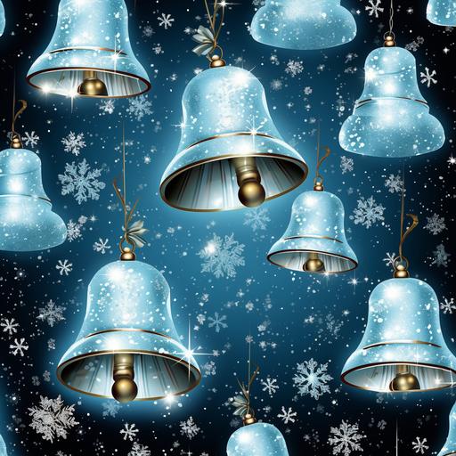 silver and light blue foiled metallic Christmas bells , sparkling, glittered, repeating pattern
