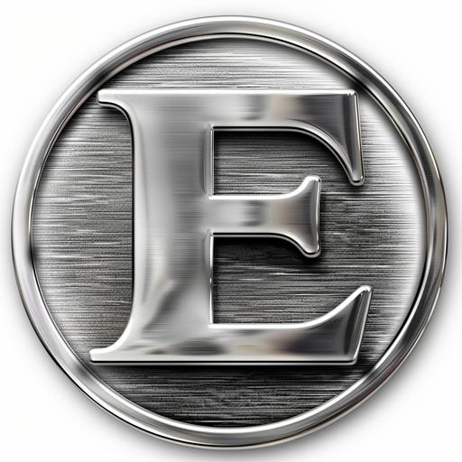 silver brushed metal badge with the letter E on FFFFFF (white) hexadecimal background