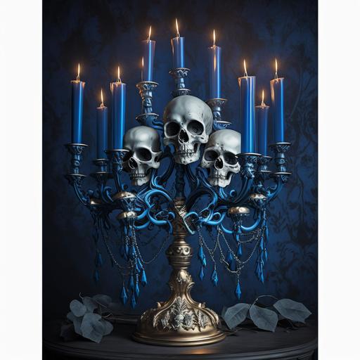 silver candelabra, skulls around base of candelabra:50, tall blue candles burning and dripping onto skulls, dark atmosphere, photo realistic