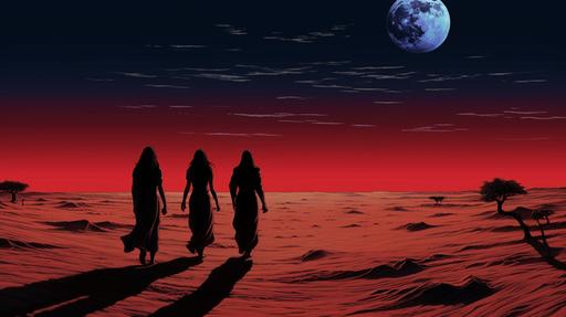 silver sand landscape with 3 women in maroon dresses under a light blue moon, cartoon style, graphic novel style, manga inspired, 8k, nikon d6 dslr, hyper-realistic, --ar 16:9