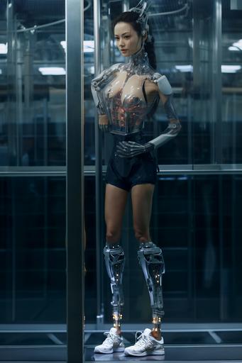 silver shoes, Japanese female scientist in her 30s facing cyborg with same face, wearing small shorts,full body shot photo, torso is distinctly human-machine, in university lab, smiling, shot with medium standard lens, 8K --v 5.2 --ar 2:3