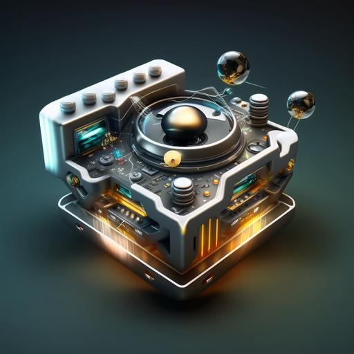 dj console floating in space, isometric view, liquid metal, hdr