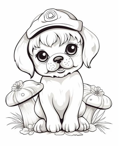 simple, Coloring page for toddler coloring book, Picture should be black and white, Labrador Retriver with big mushroom, must be suitable for coloring book, low amount of details, thick lines, no back ground, --ar 9:11