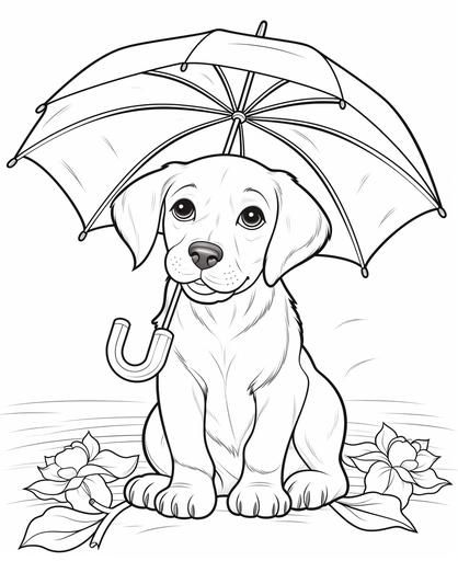 simple, Coloring page for toddler coloring book, Picture should be black and white, Labrador Retriver under parasol, must be suitable for coloring book, low amount of details, thick lines, no back ground, --ar 9:11
