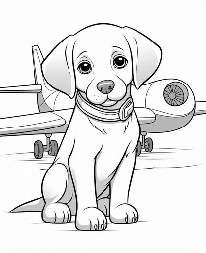 simple, Coloring page for toddler coloring book, Picture should be black and white, Labrador Retriver with paper air plane, must be suitable for coloring book, low amount of details, thick lines, no large areas with dark black color --ar 9:11