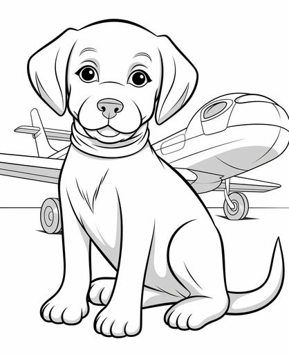 simple, Coloring page for toddler coloring book, Picture should be black and white, Labrador Retriver with paper air plane, must be suitable for coloring book, low amount of details, thick lines, no large areas with dark black color --ar 9:11