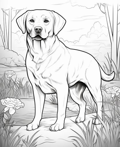 simple, Coloring page for toddler coloring book, Picture should be black and white, Labrador Retriver with big mushroom, must be suitable for coloring book, low amount of details, thick lines, no back ground, --ar 9:11