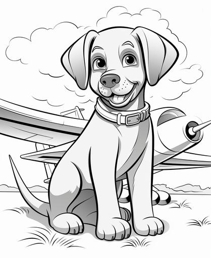 simple, Coloring page for toddler coloring book, Picture should be black and white, Labrador Retriver with paper air plane, must be suitable for coloring book, low amount of details, thick lines, no large areas with dark black color --ar 9:11