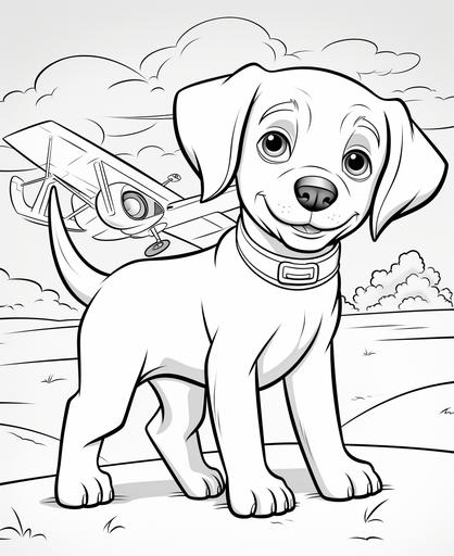 simple, Coloring page for toddler coloring book, Picture should be black and white, Labrador Retriver with paper air plane, must be suitable for coloring book, low amount of details, thick lines, no back ground, --ar 9:11