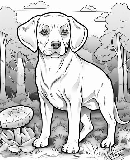 simple, Coloring page for toddler coloring book, Picture should be black and white, Labrador Retriver with big mushroom, must be suitable for coloring book, low amount of details, thick lines, no back ground, --ar 9:11