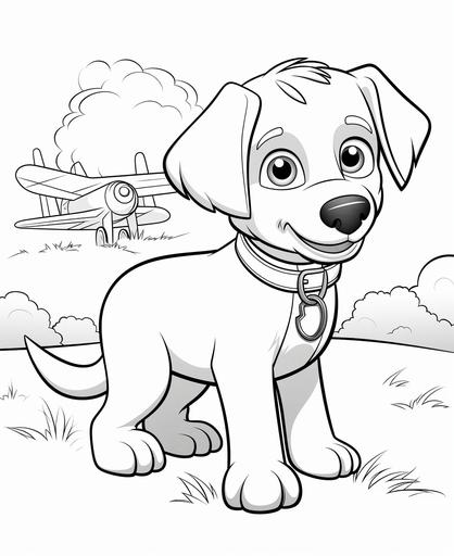 simple, Coloring page for toddler coloring book, Picture should be black and white, Labrador Retriver with paper air plane, must be suitable for coloring book, low amount of details, thick lines, no back ground, --ar 9:11