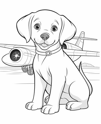 simple, Coloring page for toddler coloring book, Picture should be black and white, Labrador Retriver with paper air plane, must be suitable for coloring book, low amount of details, thick lines, no large areas with dark black color --ar 9:11