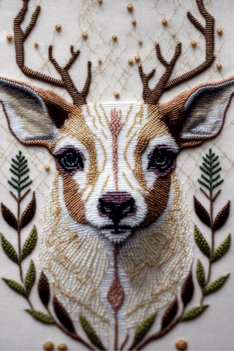 simple Embroidered portrait of a deer, surrounded by pretty geometric patterns, on white cloth  --ar 2:3 --q 2 --v 4