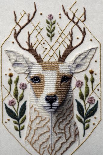 simple Embroidered portrait of a deer, surrounded by pretty geometric patterns, on white cloth  --ar 2:3 --q 2 --v 4