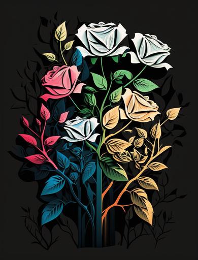 simple abstract colorful rose flower bush, cartoon style, linear style, luxurious white wedding, black background --ar 3:4 --v 4 --v 4 --s 250 --s 250