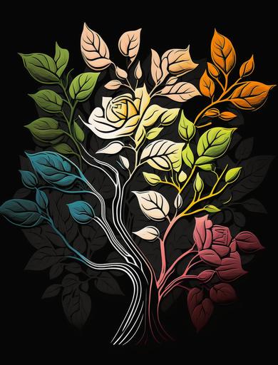 simple abstract colorful rose flower bush, cartoon style, linear style, luxurious white wedding, black background --ar 3:4 --v 4 --v 4 --s 250 --s 250