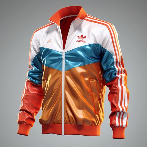simple adidas firebird sport jacket realistic with retrofuture colors without adidas logo and stripes not glossy use colors red orange light blue and white with logo utopia on it