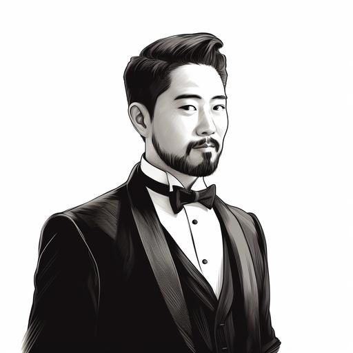 simple black and white illustration of asian gentleman with beard wearing a tuxedo, white background