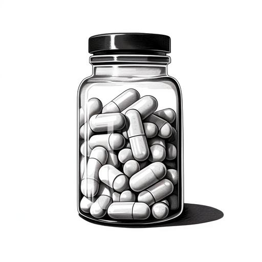 simple black and white illustration of vitamin bottle, white background