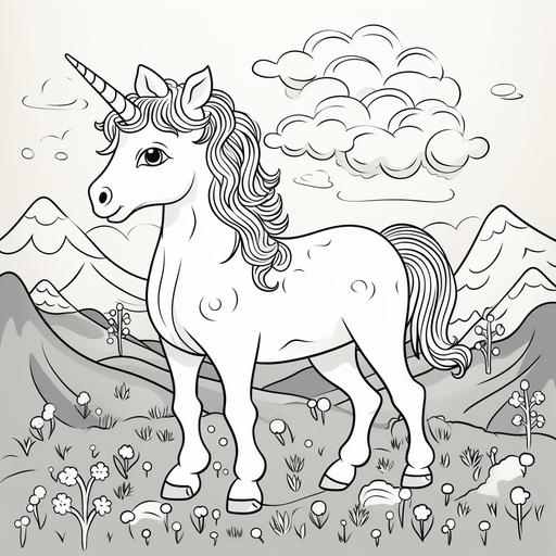 simple black and white line art of a doodle unicorn in landscape for a toddler’s coloring book