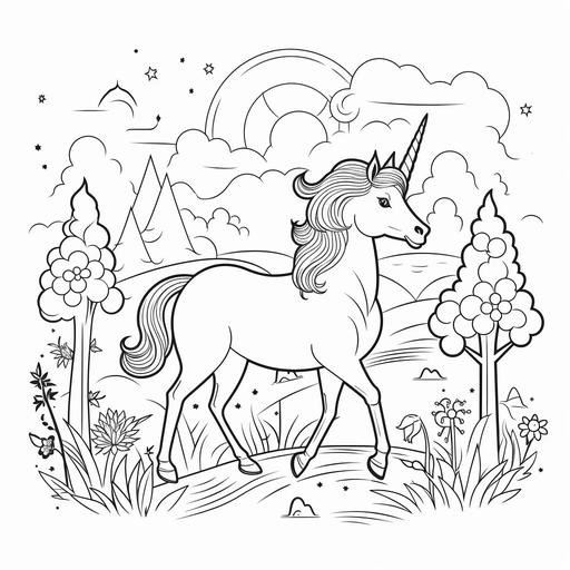 simple black and white line art of a doodle unicorn in landscape for a toddler’s coloring book
