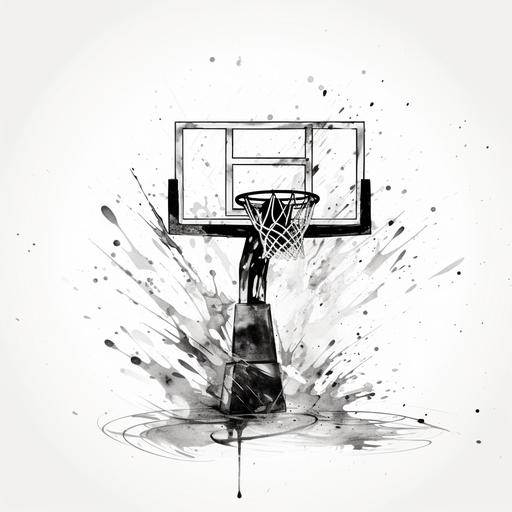simple black and white sketch of basketball in hoop white background