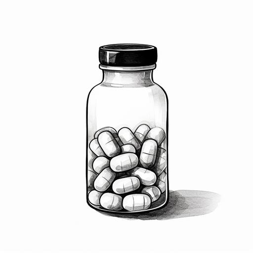 simple black and white sketch of vitamin bottle, white background