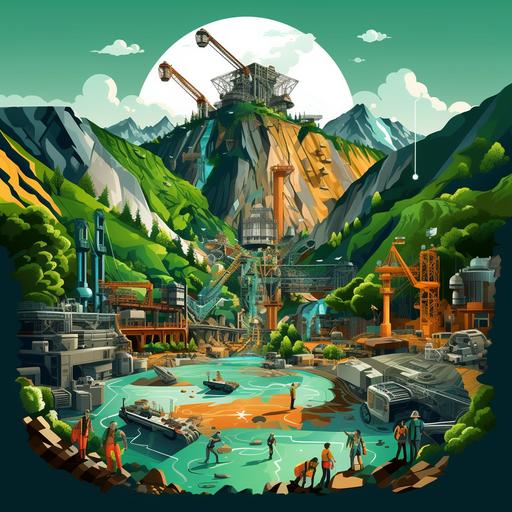 simple but detailed vector illustration, bright and vibrant color, aluminum mining, surrounded by green environment and happy people