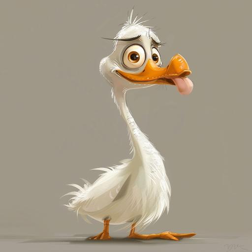 simple cartoon drawing goose, crooked eyes, one eye bigger than the other, tongue drooping to one side, bent long neck, white feathers, full body, simple background --v 6.0