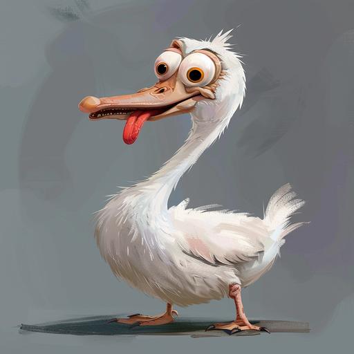 simple cartoon drawing goose, crooked eyes, one eye bigger than the other, tongue drooping to one side, bent long neck, white feathers, full body, simple background