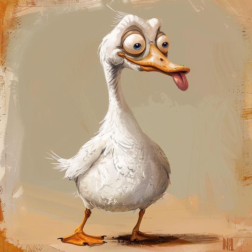 simple cartoon drawing goose, crooked eyes, one eye bigger than the other, tongue drooping to one side, bent long neck, white feathers, full body, simple background --v 6.0