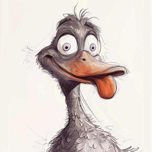 simple cartoon drawing goose, silly face, googly eyes, tongue drooping to one side, full body, simple background