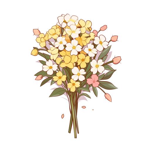 simple cartoon drawing of a small bouquet of yellow, pink, and white flowers on a white background. anime stylized. miyazaki. beautiful and simple.