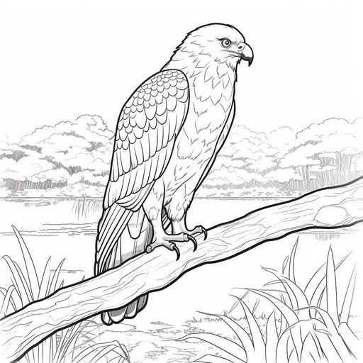simple cartoon hawk in the everglades, no color, thick lines, no shading, low detail, kids coloring book page style