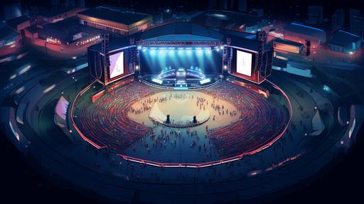 simple, cartoon illustration, concert stage, night, view from upper left stadium, top view, thick lines, low detail, --ar 16:9