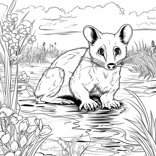 simple cartoon opossum in the everglades, no color, thick lines, no shading, low detail, kids coloring book page style