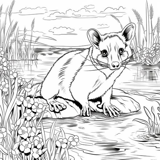 simple cartoon opossum in the everglades, no color, thick lines, no shading, low detail, kids coloring book page style