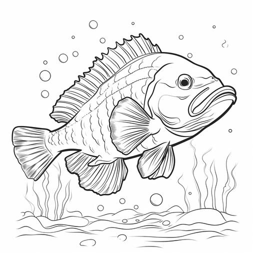 simple cartoon peacock bass fish underwater, no color, thick lines, no shading, low detail, kids coloring book page style