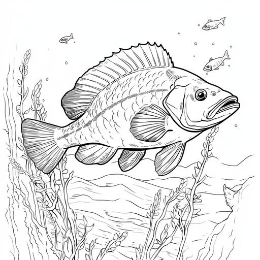 simple cartoon peacock bass fish underwater, no color, thick lines, no shading, low detail, kids coloring book page style