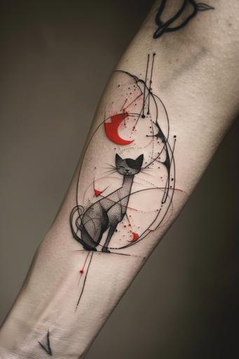 simple cat vampire tattoo on forearm, in the style of abstract expressionist ink, line art style tattoo design, kintsugi, scattered composition --ar 2:3 --v 6.0