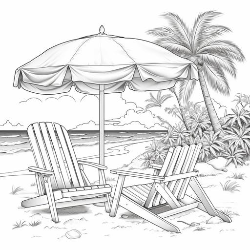 simple coloring book illustration of an island with a beach chair and umbrella, black and white, no shadows, outline only