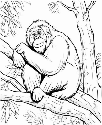 simple colouring picture for kids, adult orangutan cartoon style, has no shading no colour at all, thick lines, low detail, no shading or grey scale, clear from any grey shading, --ar 9:11