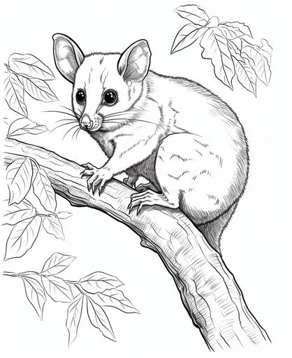 simple colouring picture for kids, adult possum, cartoon style, has no shading no colour at all, thick lines, low detail, no shading or grey scale, clear from any grey shading, --ar 9:11