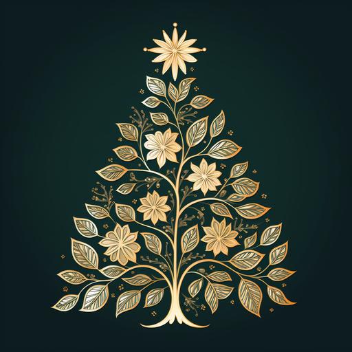 simple folk style bas-relief illustration of a floral gold leaf christmas tree silhouette on the dark green background --v 5.2