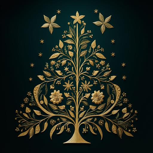 simple folk style bas-relief illustration of a floral gold leaf christmas tree silhouette on the dark green velvet background, christmas light --v 5.2